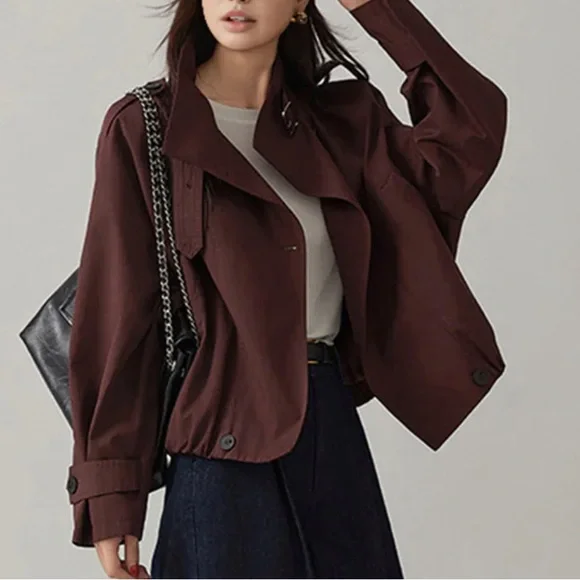 Commense Vintage Loose Trench Coat In Burgundy Size L NWT - Picture 4 of 14